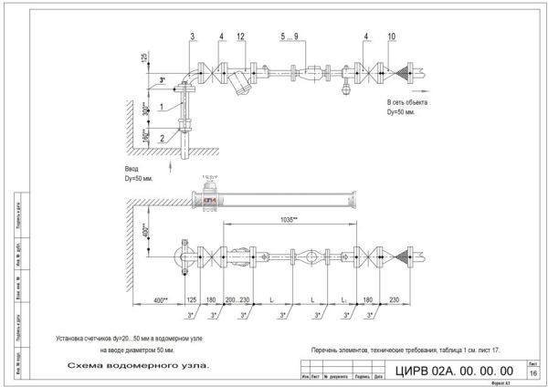Водомерный узел I-50 ЦИРВ 02А.00.00.00 лист 16,17 ЦИРВ 02А.00.00.00 лист 16,17