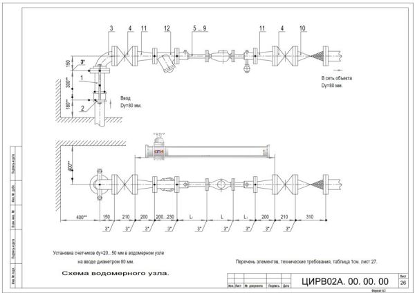 Водомерный узел I-80 ЦИРВ 02А.00.00.00 лист 26,27 ЦИРВ 02А.00.00.00 лист 26,27