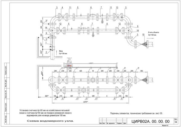Водомерный узел I-100 ЦИРВ 02А.00.00.00 лист 54,55 I-100 ЦИРВ 02А.00.00.00 лист 54,55