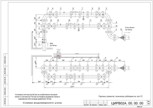 Водомерный узел I-100 ЦИРВ 02А.00.00.00 лист 56,57 I-100 ЦИРВ 02А.00.00.00 лист 56,57