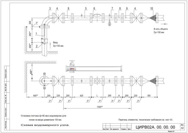 Водомерный узел I-100 ЦИРВ 02А.00.00.00 лист 42,43 I-100 ЦИРВ 02А.00.00.00 лист 42,43