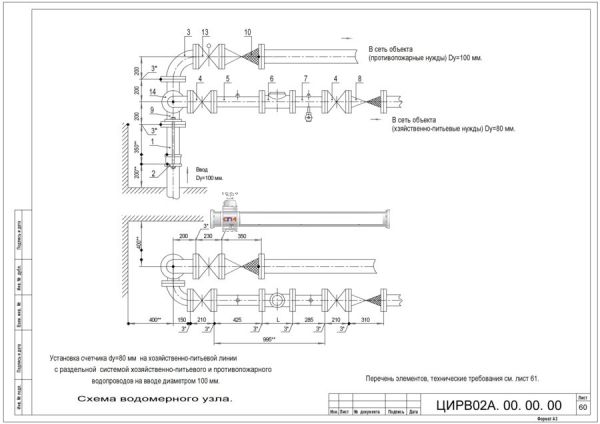 Водомерный узел I-100 ЦИРВ 02А.00.00.00 лист 60,61 I-100 ЦИРВ 02А.00.00.00 лист 60,61