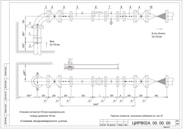 Водомерный узел I-150 ЦИРВ 02А.00.00.00 лист 66, 67 I-150 ЦИРВ 02А.00.00.00 лист 66, 67