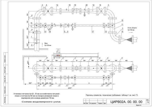 Водомерный узел I-150 ЦИРВ 02А.00.00.00 лист 72, 73 I-150 ЦИРВ 02А.00.00.00 лист 72, 73