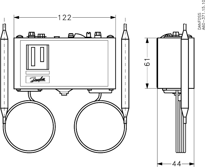 Danfoss 060L113166 — Реле температуры (термостат) KP 98, IP 30/44, диапазон регулирования OIL 60...120 °C / HT 100...180 °C, длина трубки 1 / 2 м