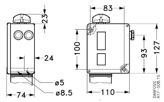 Danfoss 017-500166 — Реле давления RT 1A для тяжелых условий эксплуатации, диапазон настройки уставки -0,8-5 бар, дифференциал 0,5-1,6 бар, присоединение G 3/8